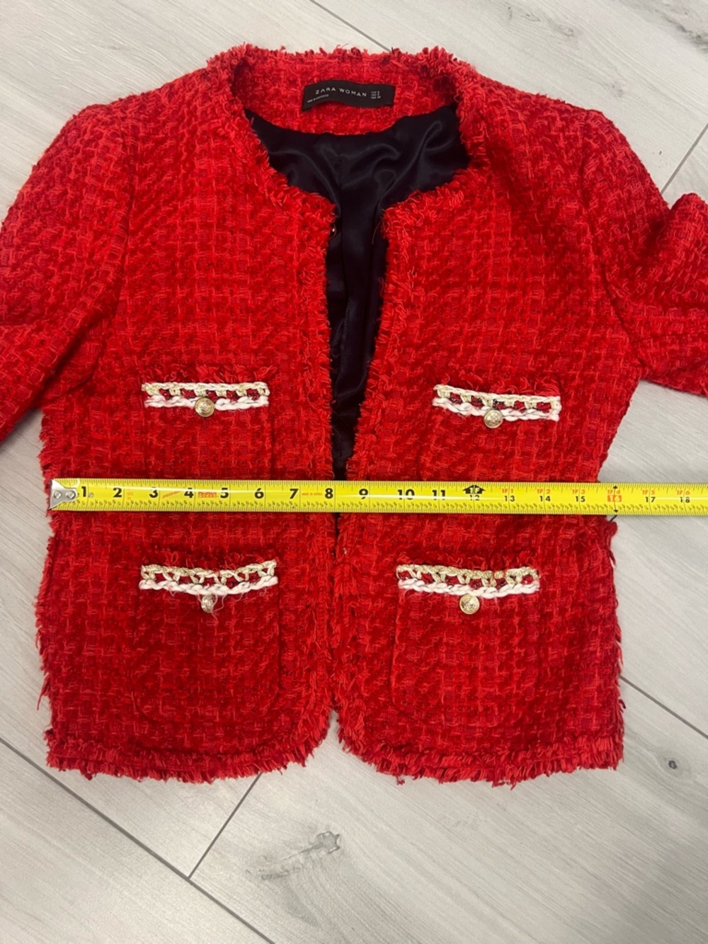 Zara Red Tweed Fantasy Fabric Blazer Jacket A455 Gold Buttons Sz S French Girl - Picture 10 of 10